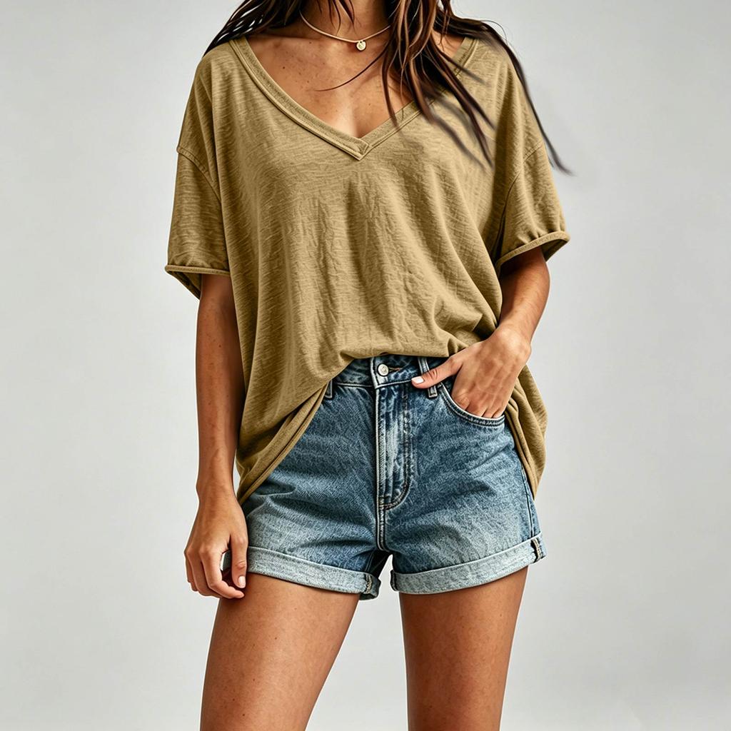 Women's Casual V Neck Loose Fit Plain Oversized Drop Shoulder Top Lightweight Soft Fabric Summer Tee Shirt for Everyday Wear