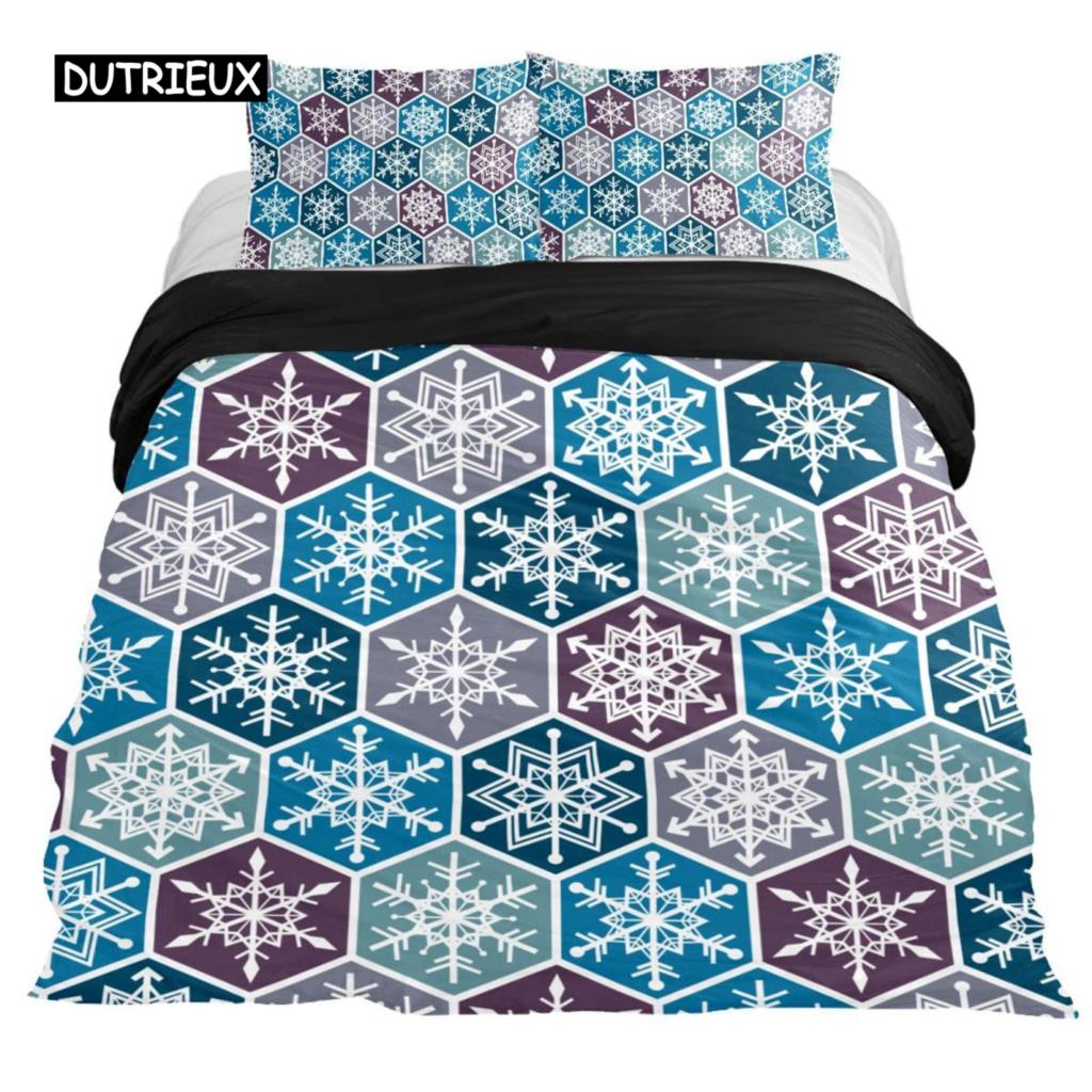 Snowflake Duvet Cover Set Winter Theme Christmas Illustration Cold Weather Season Twin Bedding Set King Size Soft Quilt Cover