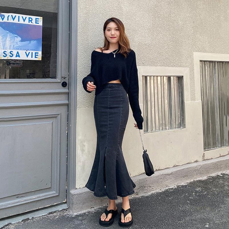 Elegant Woman Black Split Fishtail Female High Waist Elastic Slim Package Hip Ruffles In Long Versatile Comfortable Fashion Denim Bustier Skirt