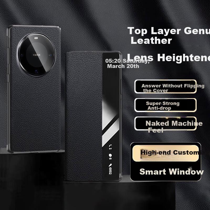 Phone Case for Huawei Mate60 Pro, Mate60 Pro Protective Cover, Genuine Leather Flip Smart View Window Glass Luxury Full Protection Shockproof Case
