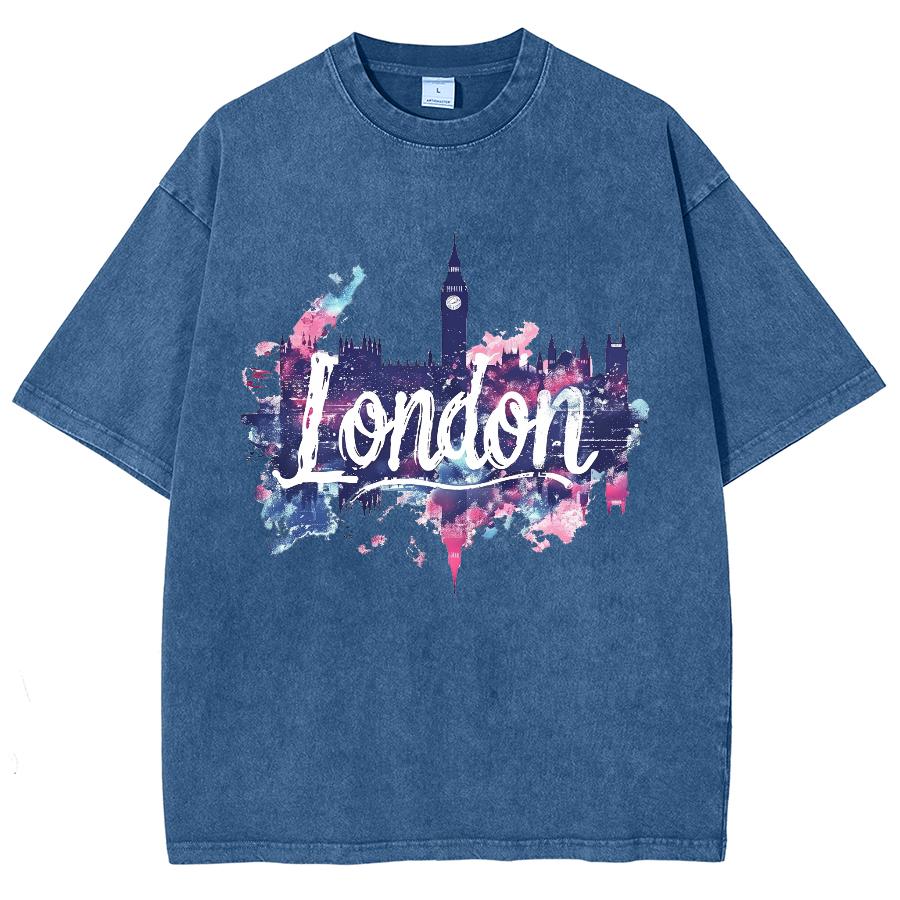 Londyn T-shirt Damski z Nadrukiem Listów Rozpryskanych Tuszem Bawełna Płukana Oversize Krótki Rękaw Moda Marka Modowa Top Uliczny Czarny