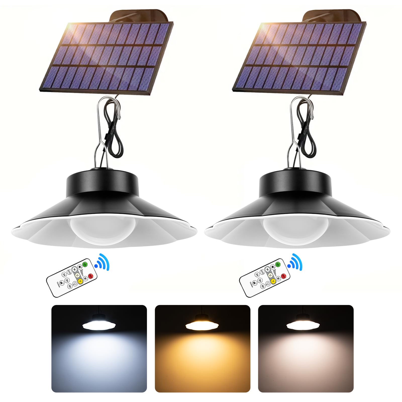 

AGOTD LED Solar Pendant Light, Separable Outdoor/Indoor, 5 m Cable, Remote Control, 3 CCT & 6-Level Dimming, Timer, 2-Pack (Model 2134010051)