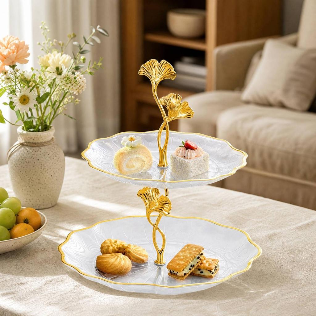 Shaped Two-Tier Serving Tray Elegant Snack Stand with Floral Supports