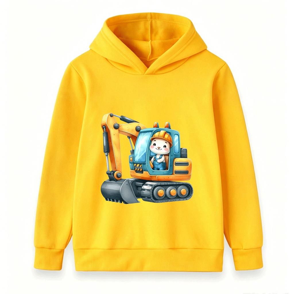 Kids Hoodie Cute Rabbit Excavator Print Casual Pullover Sweatshirt for Boys Girls Soft Warm Top for Construction Vehicle Lovers
