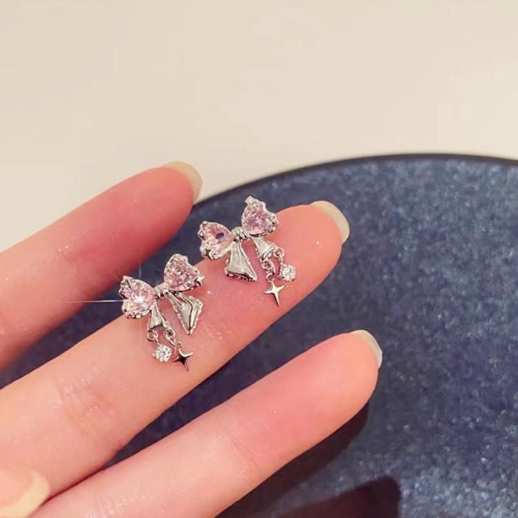 S925 Sterling Silver Bow Stud Earrings with Zircon for Women - Elegant and Luxurious Design