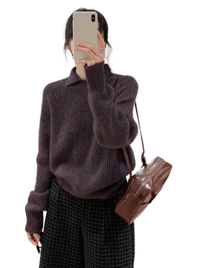 Women's Fuzzy Gray Lapel Sweater - Cozy Korean Loose Fit for Autumn/Winter