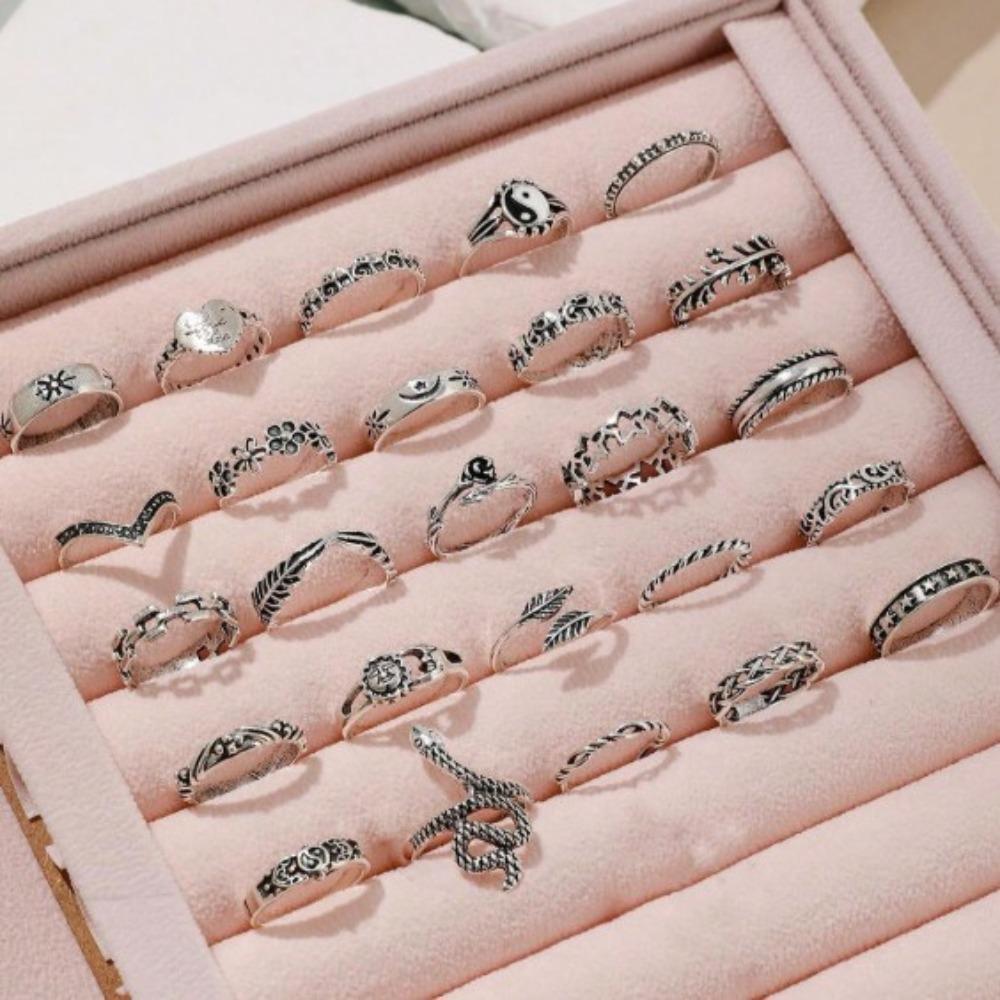 Europäisches und Amerikanisches 25-teiliges Ring-Set, Schlange Elefant Tropföl Klatsch Liebe Blätter Kleine Blumen Geometrisch Gelenkring Damen