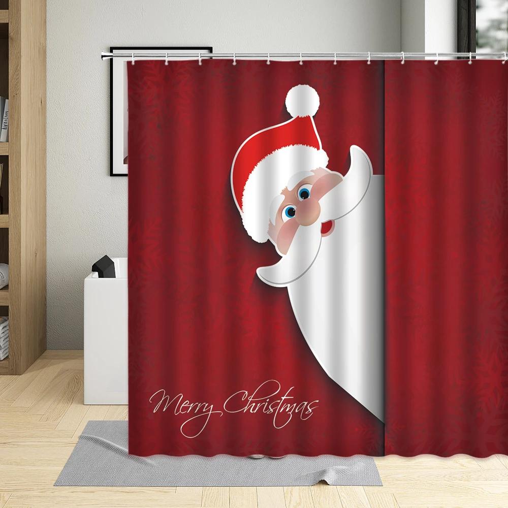 

Merry Christmas Xmas Tree Shower Curtain Santa Claus Holiday Gift Waterproof Red Polyester Cloth Bathroom Decor With Hooks W60H190(CM)-1 Pcs