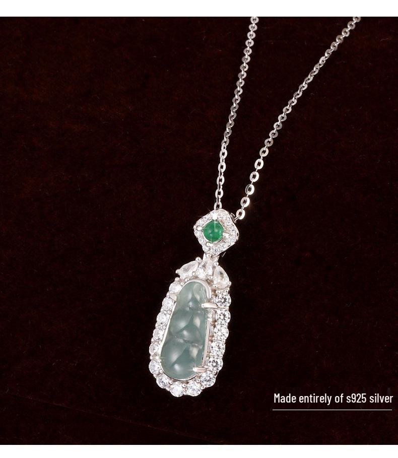 925 Sterling Silver Jade Green Four Seasons Bean Pendant Necklace for Women - Ethnic, Versatile, Fashionable, Diamond-Inlaid Ancient Style