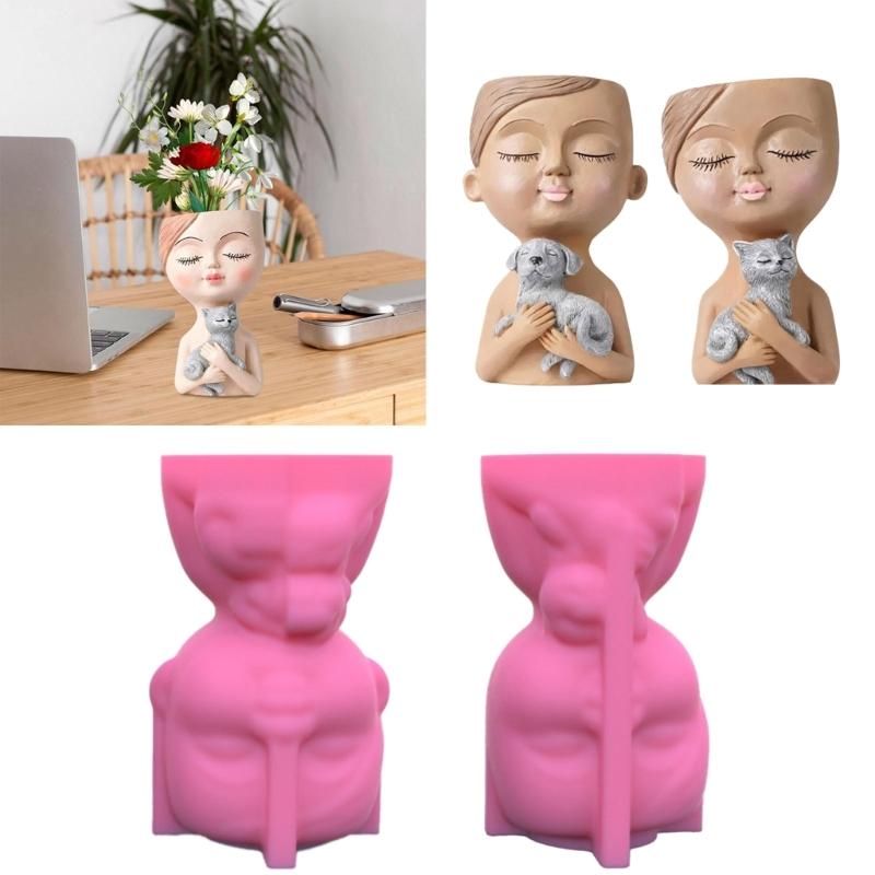 Boy and Puppy Succulent Pot Mold for DIY Concrete Flower Pots Resin Mold Pen Holder Resin Mold Desktop Decoration Home
