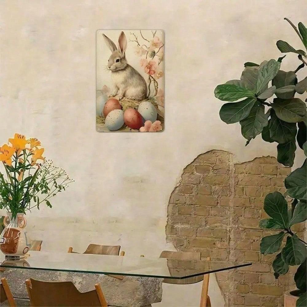 Vintage Easter Bunny Metal Sign Rustic Spring Farmhouse Wall Art Cute Rabbit Garden Hanging Holiday Decor