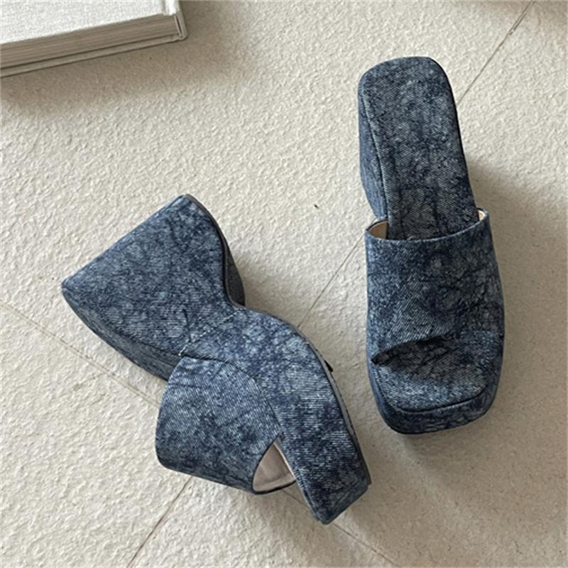 

Pesstwei Fashion Casual Design Denim Platform Wedges Women Slippers Summer Fashion Open Toe Thick Bottom High Heels Ladies Shoes 34 синій
