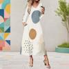 Women Plus Size V Neck Long Sleeve White Blue Printed A Line Midi Dress With Pockets