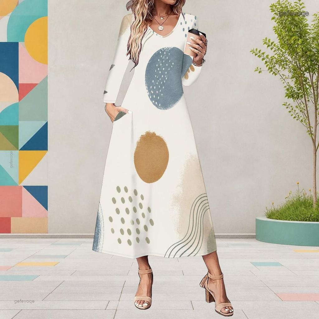 Women Plus Size V Neck Long Sleeve White Blue Printed A Line Midi Dress With Pockets