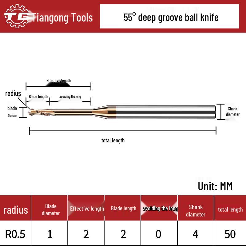 Tiangong Wolframová ocel R0.5 Kulová fréza 0.75 Legovaný krček, 2břitá, 55° Potažená, Prodloužená Hluboká drážka 1, 1.25