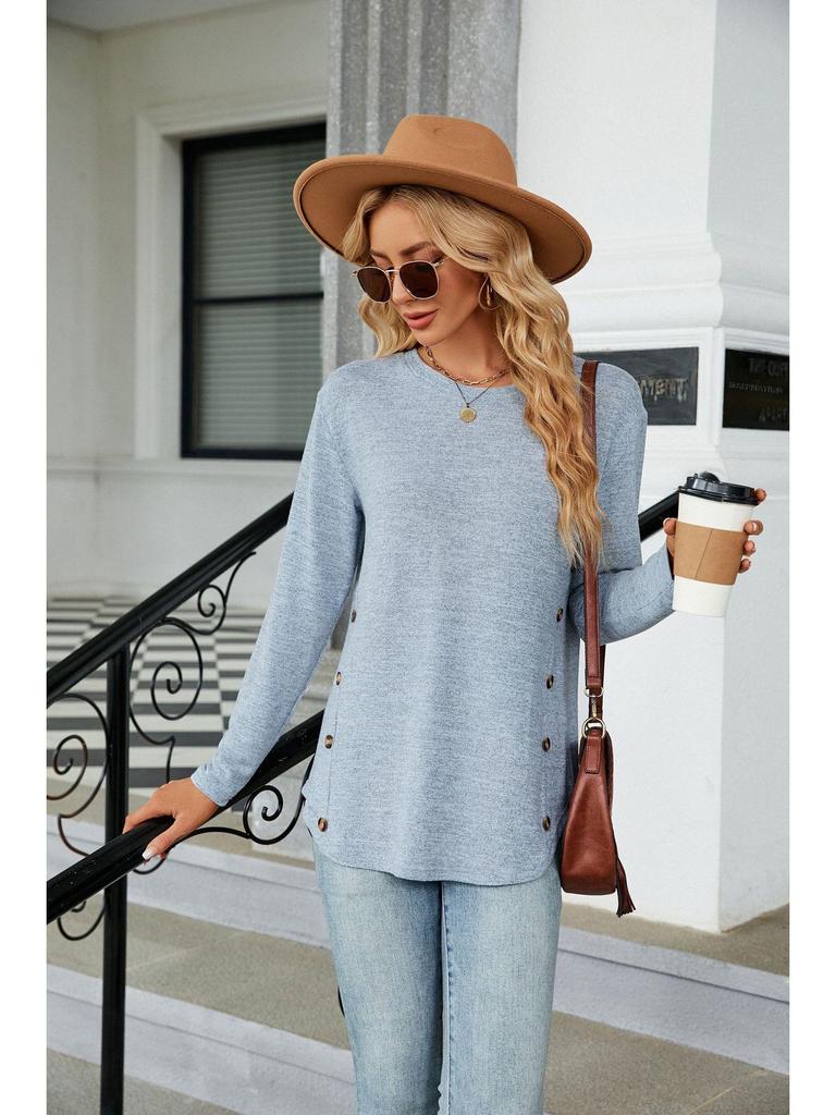 T-shirt da Donna Autunno/Inverno 2023 Girocollo Manica Lunga Ampia con Bottoni