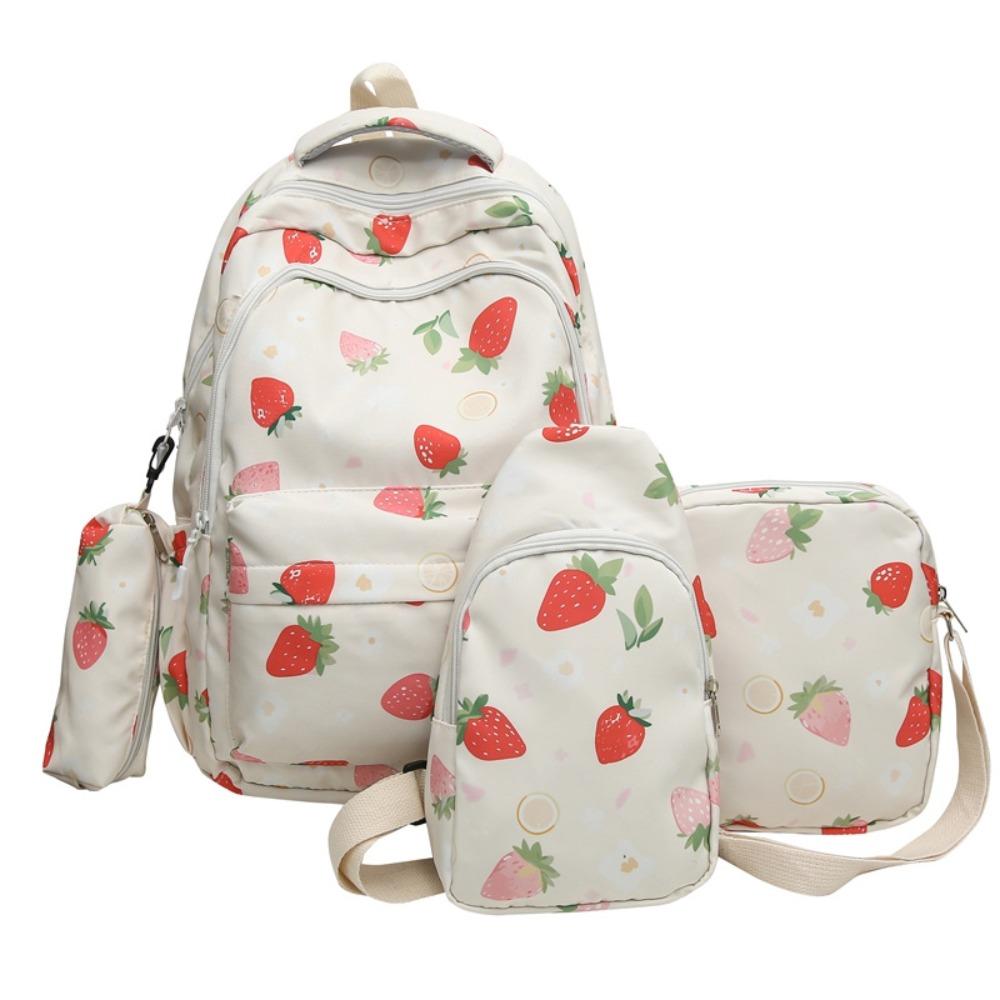 4Pcs/Set Cute Strawberry Print Backpack Large Capacity Nylon School Bag Shoulder Bag Studeng
