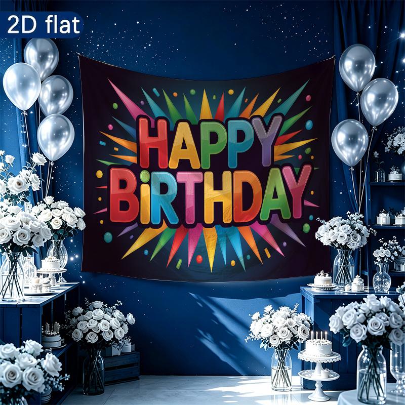 Balloons and Cake Happy Birthday Party Banner, Colorful Polyester Backdrop for Celebration & Photos