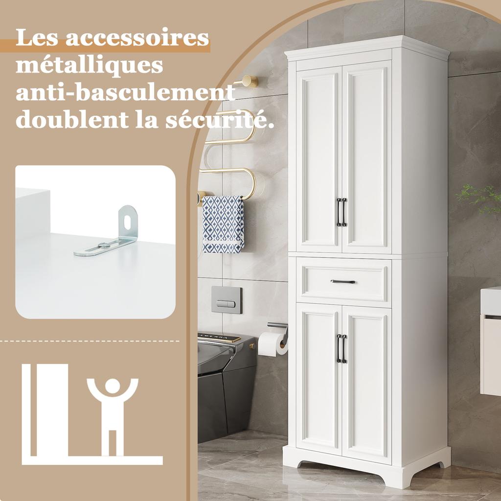 60x40x180 cm, Hoge Badkamerkast, Gelakt, Verstelbare Planken, Uittrekbare Lades, Dubbele Deuren, Anti-Tip, Zwarte Handgrepen, Soft-Close Scharnieren, Wit.
