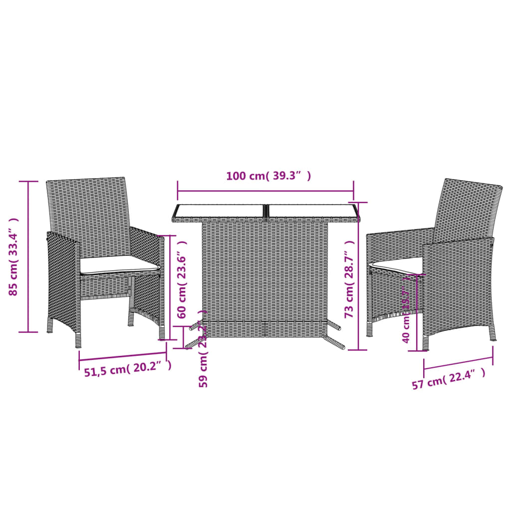 3 Piece Bistro Set with Cushions Brown Poly Rattan
