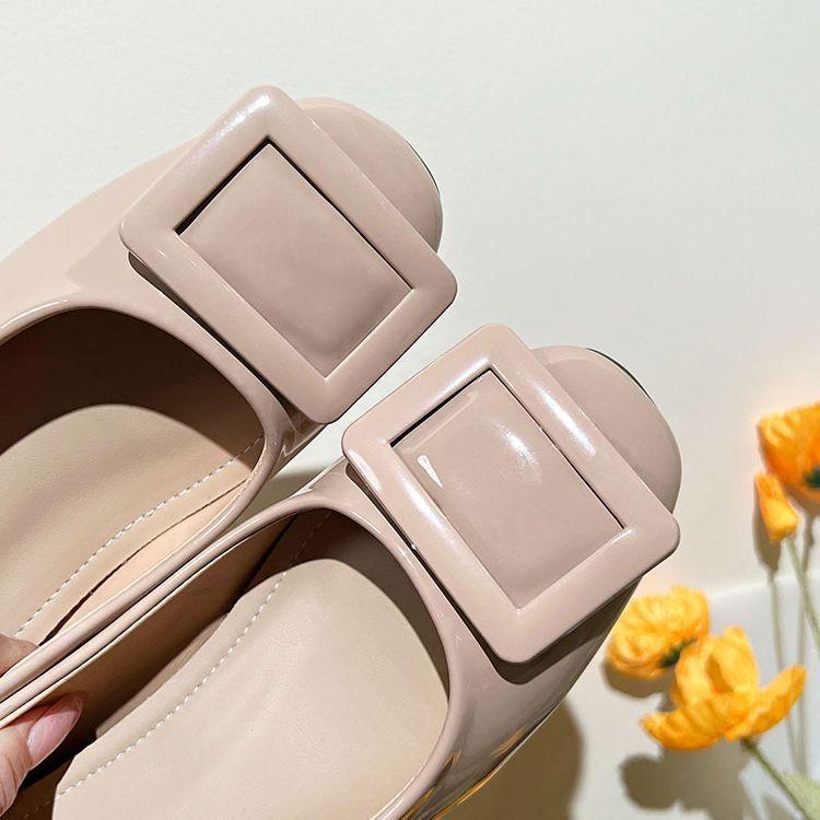 Height-increasing Square Head Single Shoes Women's Spring and Autumn 2025 New Versatile Square Buckle Light Mouth Nude Soft Patent Leather Flats