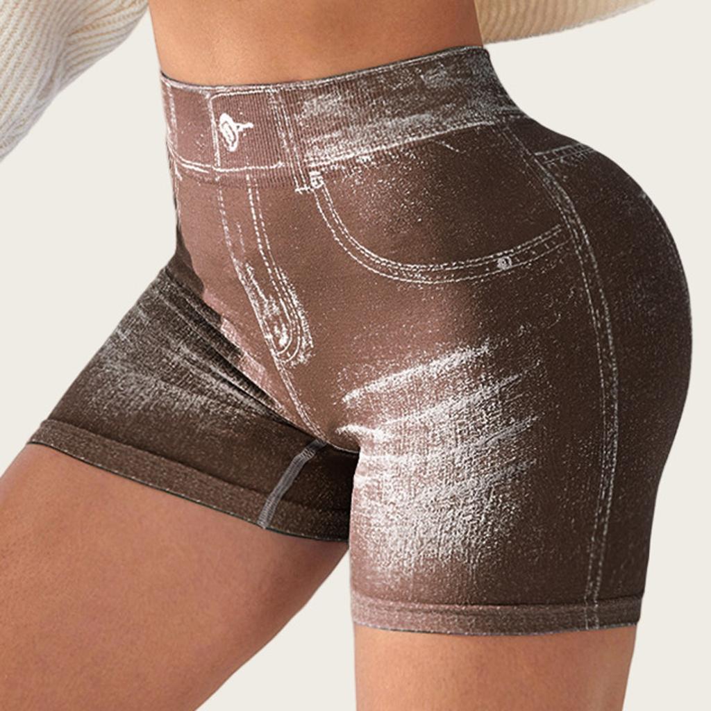 Shorts de Yoga Sexy Sans Coutures Imitation Denim pour Femmes Leggings de Sport pour la Course à Pied Féminins Ruchés Skinny Gym Fitness Pantalon Court