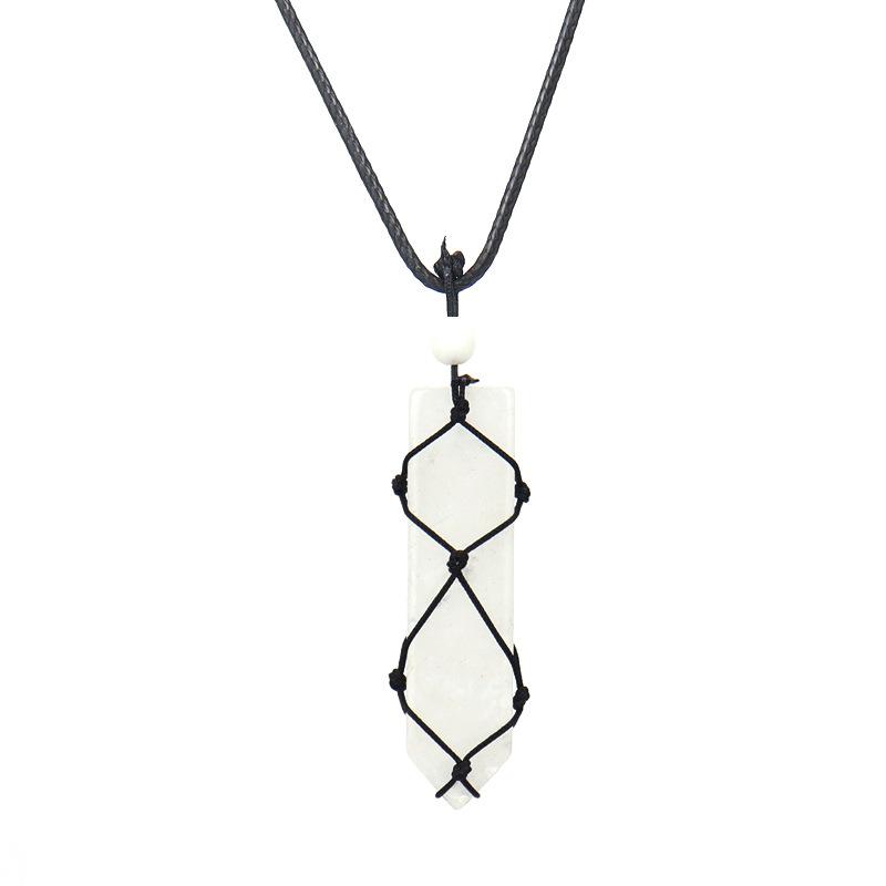 Hand-Woven Natural Stone Crystal Amethyst Sword-Shaped Mesh Pocket Pendant Necklace N578