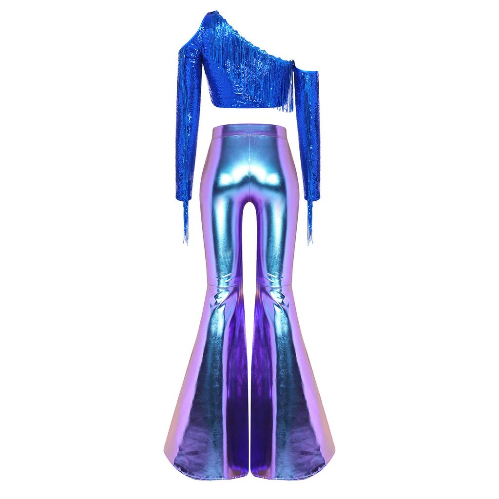 Women Disco Dance Outfit Cold Shoulder Long Sleeve Tassel Sequined Crop Top Metallic Shiny Flared Pants