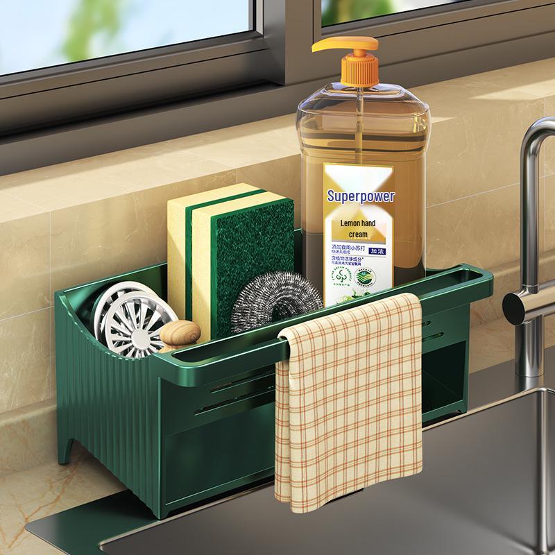 Kitchen Sink Storage Rack: Detergent, Sponge, Wipes, Steel Wire Ball, Drain.