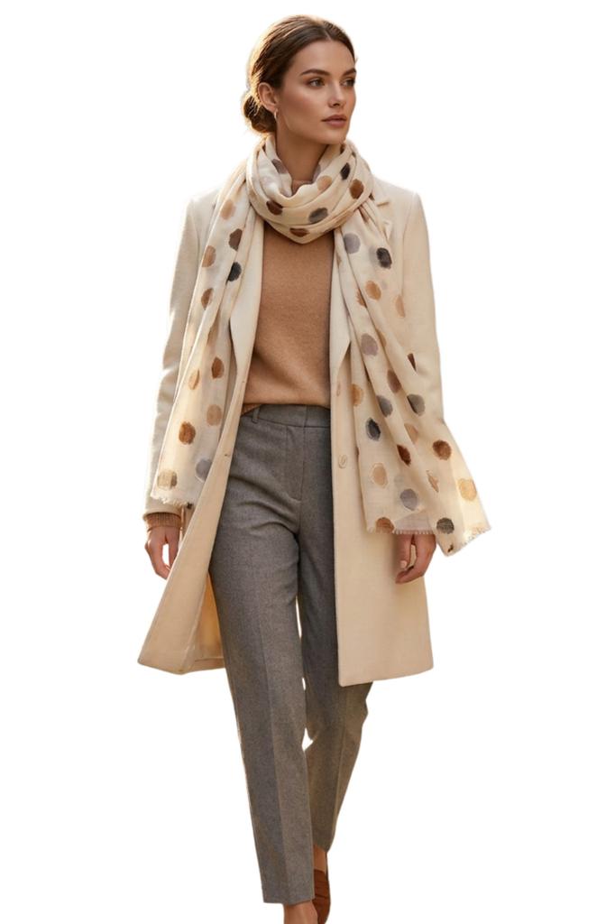 Beige Scarf with Colorful Dots - 180x90 , Cotton and Viscose