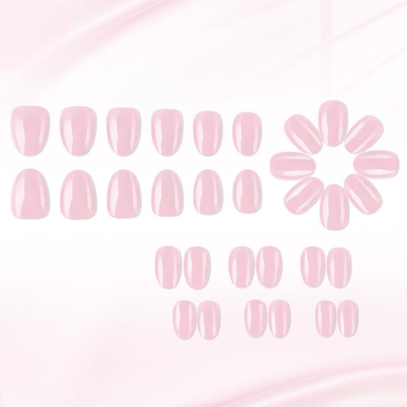32Pieces/Set Short Oval Press On Nail Glossy Pink Fake Nail ABS Build Natural Looking Manicure Set For Women Party