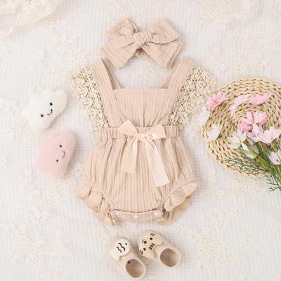 Baby Girl 2Pcs Summer Outfits 3M 6M 12M 18M Sleeveless Bow Front Lace Romper with Headband Set
