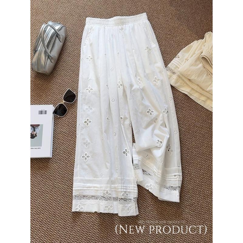 

Абрикосовые вязаные крючком ажурные широкие брюки женские летние свободные с кружевной вставкой брюки длиной девять точек с высокой талией повседневные прямые брюки L белый