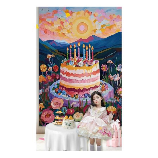 Happy Birthday Backdrop Decorations, Birthday Cake Pattern Hanging Background Sign for Boys Girls, Baby Shower, Birthday Party Supplies