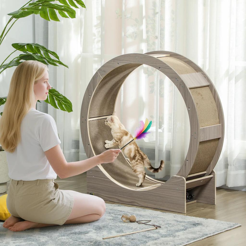 PawHut Cat Exercise Wheel Cat Running Wheel Secure Brake and Quiet Removable Scratching Mat 91cm Brown