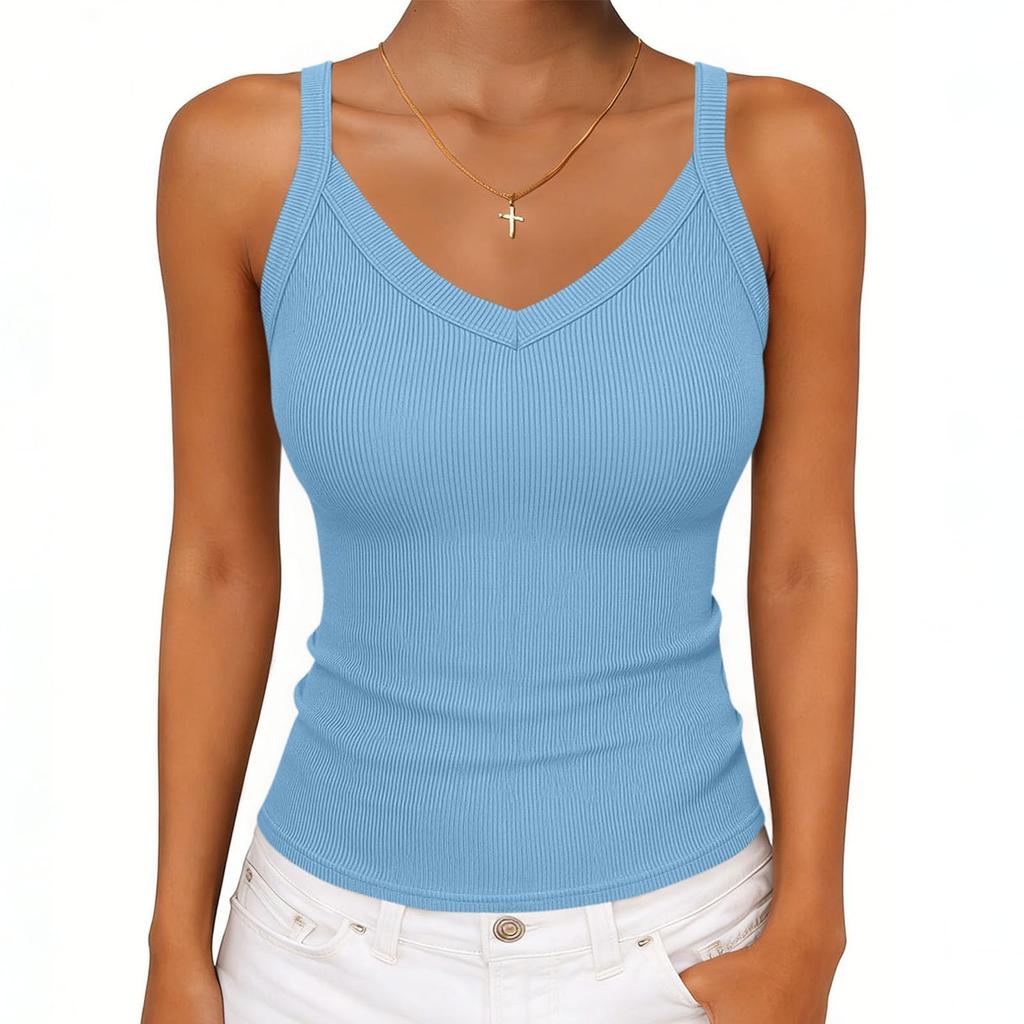 Women's V-neck Ribbed Knit Fitted Sleeveless T-Shirt