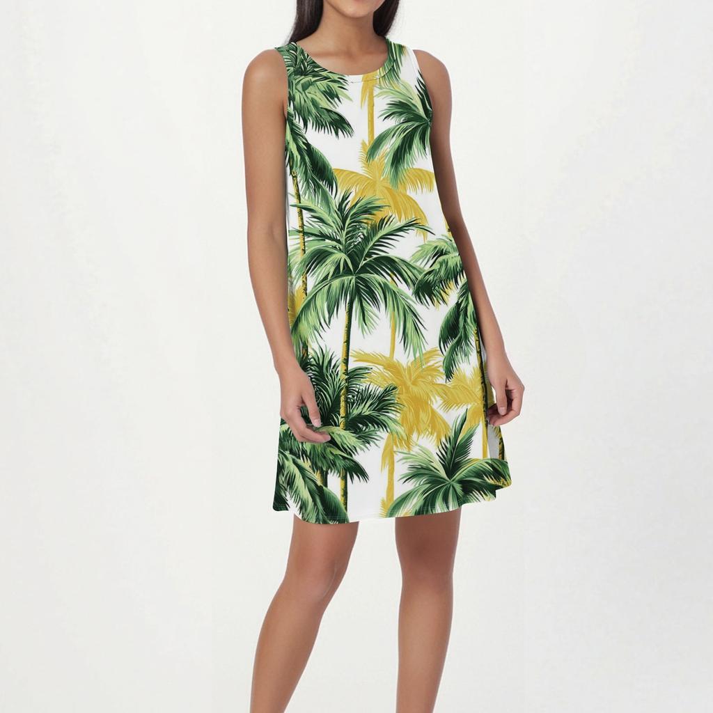 Women's Fashion Beach Dress Sleeveless Round Neck Floral Print Dress