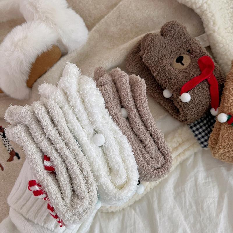 1Pair Sleep Socks Cute Little Bear Cartoon Coral Velvet Socks Soft Polyester Fiber
