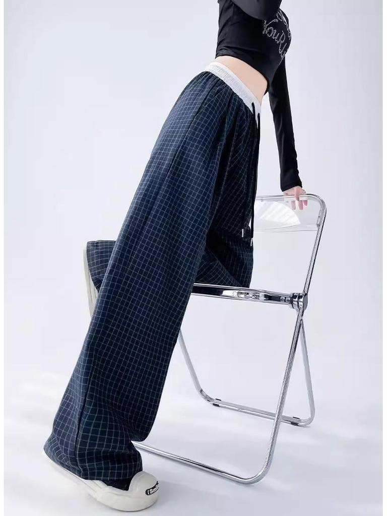 Damen High Waist Color Block Karomuster Weitbeinige Hosen für Frühling/Herbst - Lockere Passform, Kundenspezifische Länge, Gerades Bein, Casual-Stil