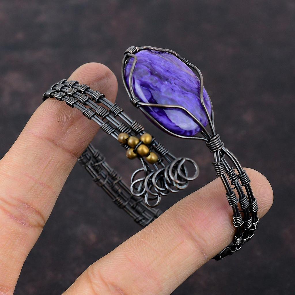 Charoite Cuff Bracelet Gemstone Bangle Copper Wire Wrapped Bangle Adjustable Cuff Bracelet Amazing Copper Jewelry For Gift Handmade Bracelet