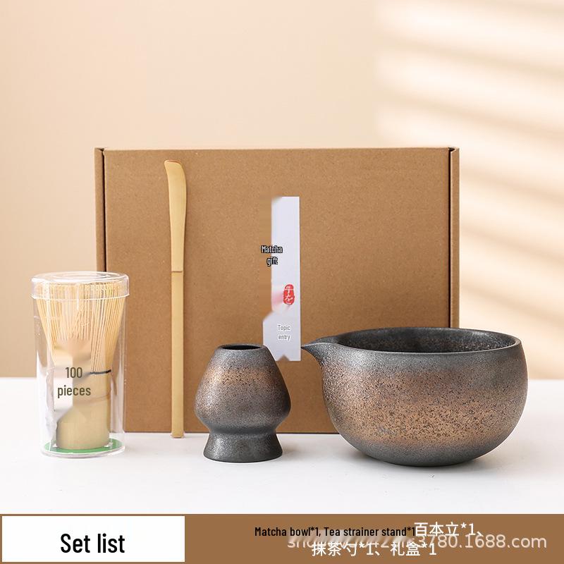 Japanese Gilded Iron Glaze Matcha Bowl and Whisk Holder - Retro Coarse Pottery for Tea Ceremony Accessories