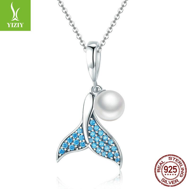 Handmade S925 Sterling Silver Pearl Mermaid Tail Pendant Necklace for Women