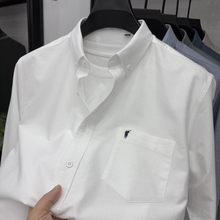 Men's High-End Embroidered Long-Sleeve Solid Color Shirt with Pockets for Spring and Autumn - Business Casual and Versatile