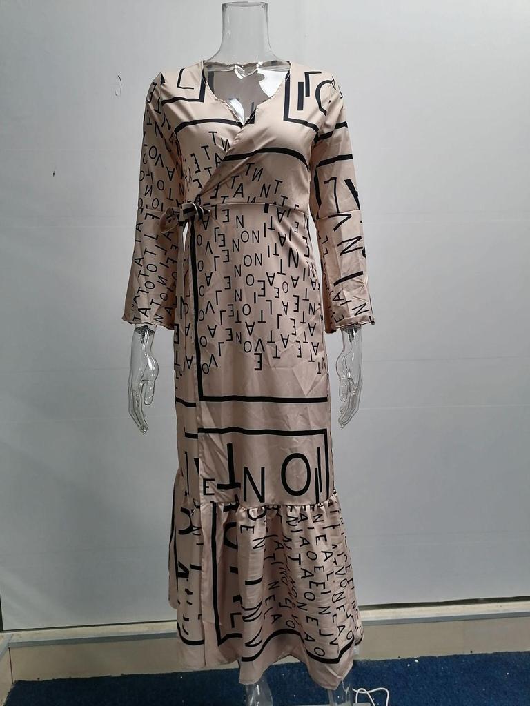 2025 European American V-Neck Tie-Up Long Sleeve Printed Dress for Autumn/Winter