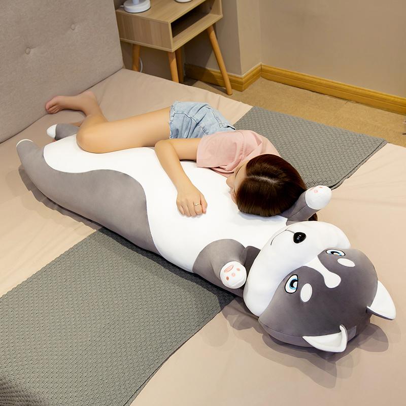 Hot 80cm/100cm Funny Long Husky Stuffed Doll Soft Big Husky Lying Plush Toy Grey Dog Animals Pillow Cushion Kids Birthday Gift