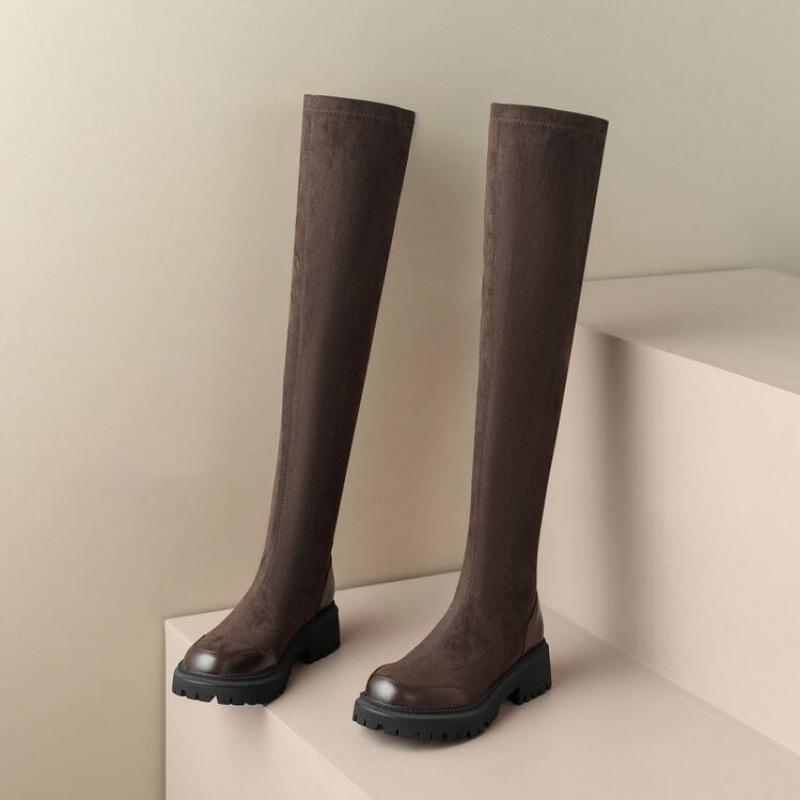Autumn and winter women's thick-soled over-knee boots round head medium heel large size leather boots sleeve suede boots Korean version M