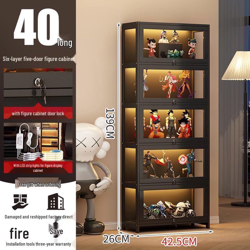 Acrylic Lockable Display Case with LED Lights for Figurines and Models, Dustproof Transparent Stand