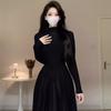 Apricot Long-sleeved Base Semi-turtleneck Knitted Dress for Women's Autumn and Winter Inner Fit Slim-fitting High-waisted A-word Sweater Long Skirt