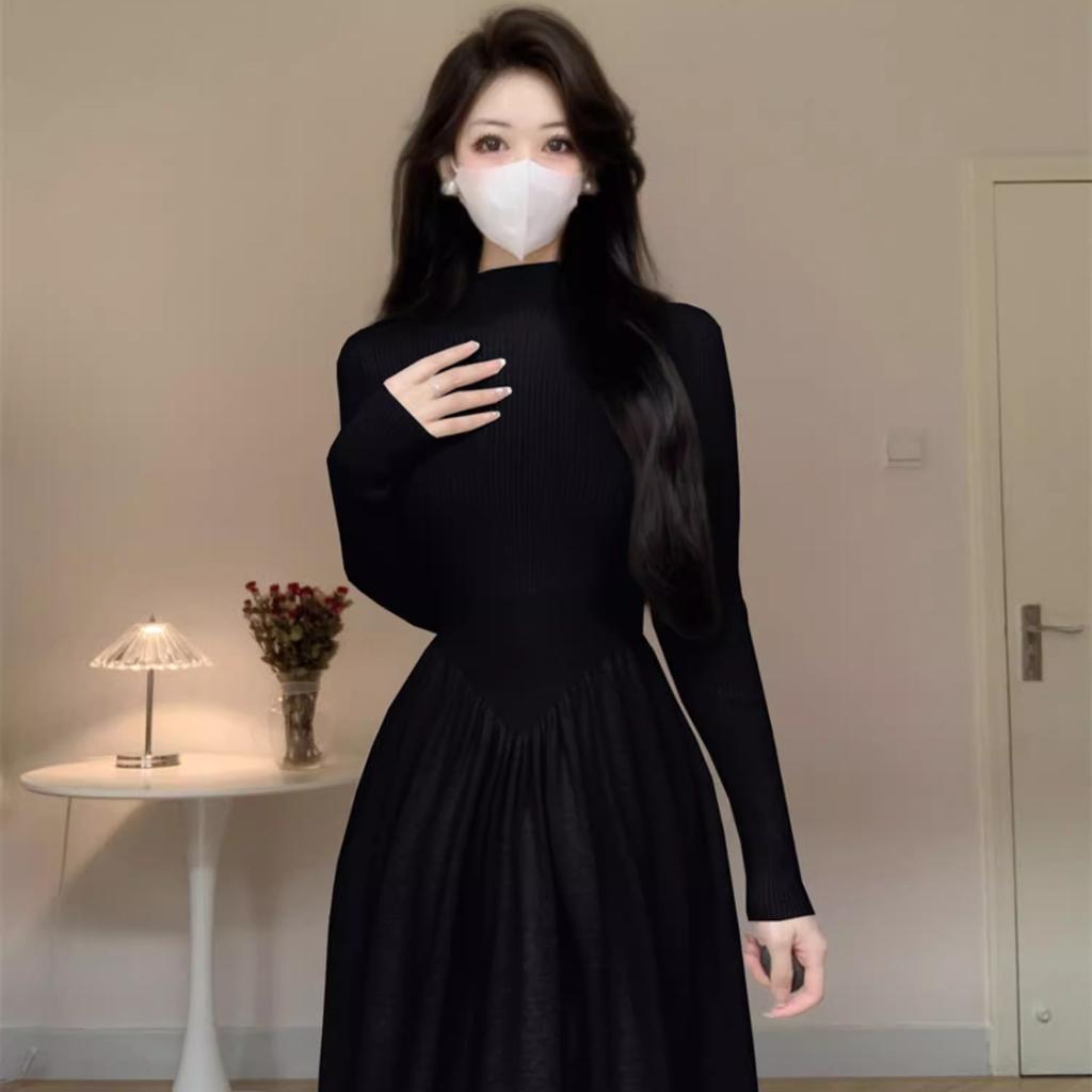 Apricot Long-sleeved Base Semi-turtleneck Knitted Dress for Women's Autumn and Winter Inner Fit Slim-fitting High-waisted A-word Sweater Long Skirt