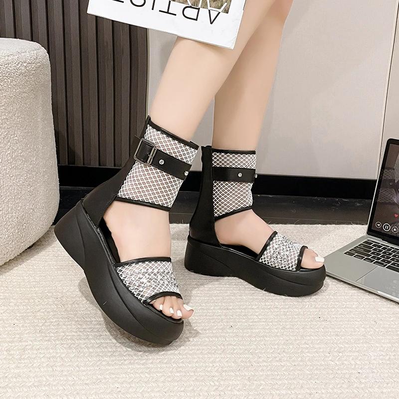 Women's Sandals Mesh Upper Platform Sole Zipper Rhinestones Womens Shoes Dress Heel Wrap Personality Roman Sandalias De Mujer